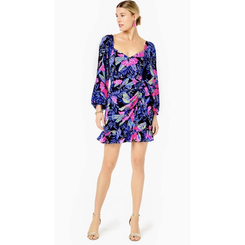 Lilly Pulitzer Lila Long Sleeve Dress Womens 6 Blue Ruffle Floral Tropical Party